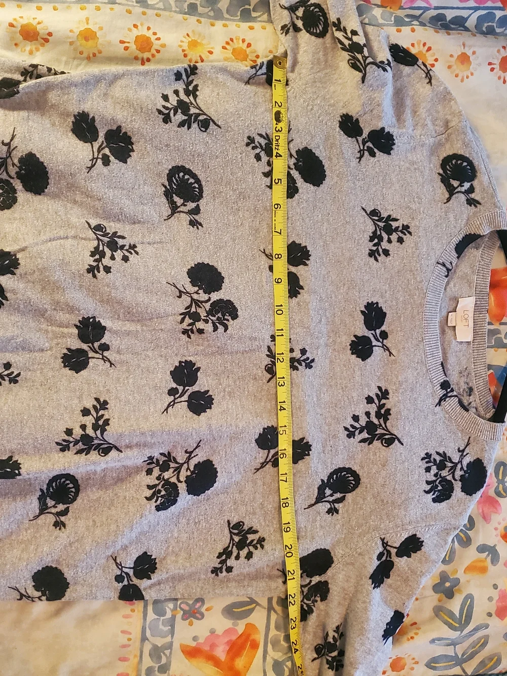 LOFT Gray Crewneck Sweater with Black Floral Print